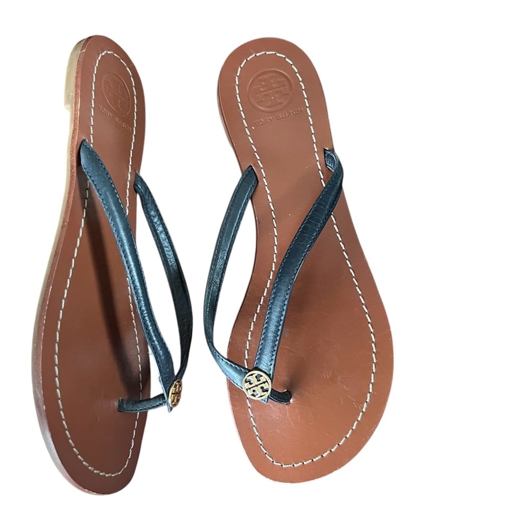 Tory Burch Terra  Black and Brown Leather Thong Sandals with Gold Logo Accent 8 - Picture 4 of 6